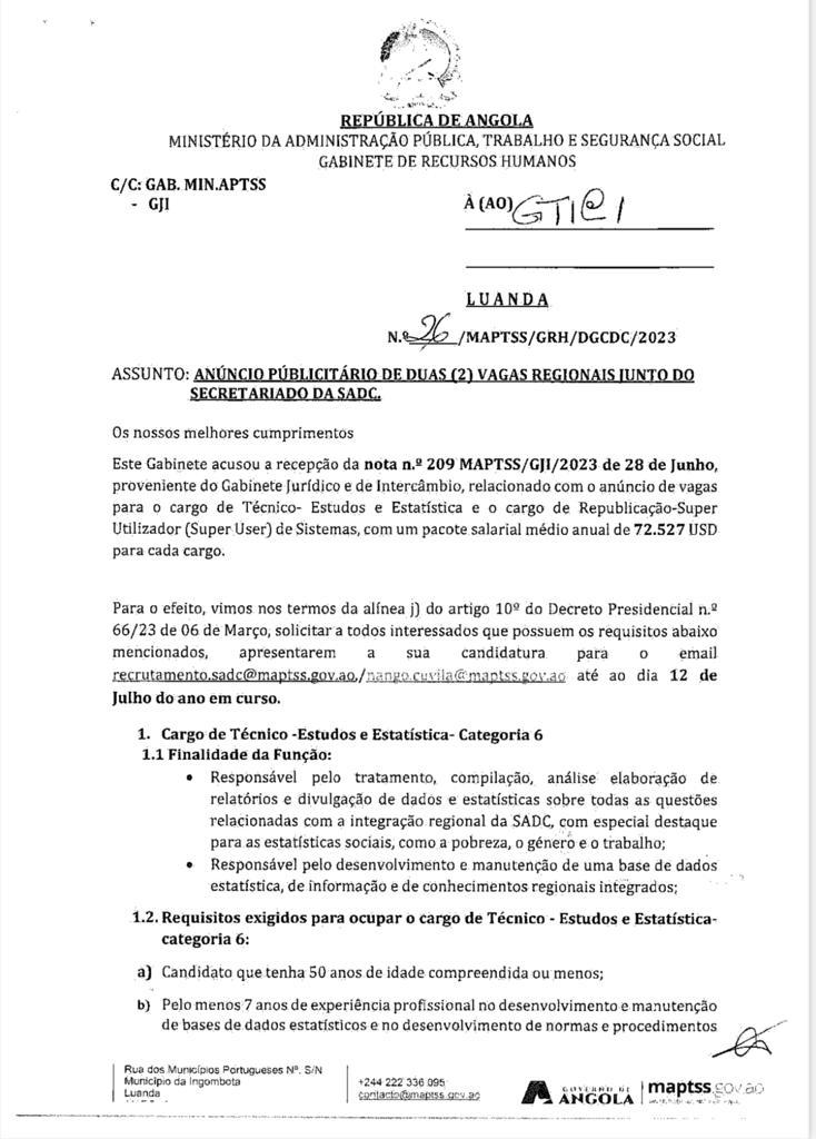 Secretariado regional da SADC: Anúncio de vagas