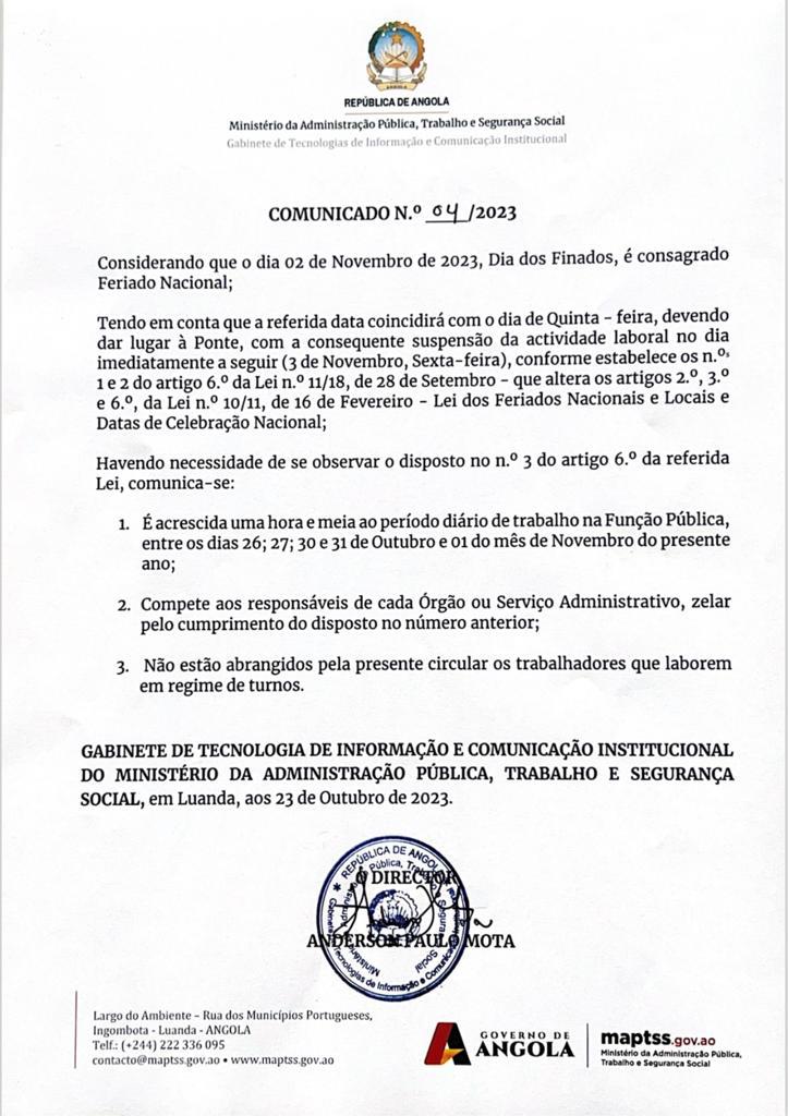 Comunicado: Dia dos finados